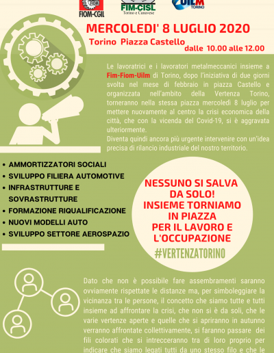 Nessuno si salva da solo 8 luglio metalmeccanici in piazza a Torino