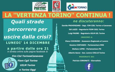 LA  VERTENZA TORINO CONTINUA – IN DIRETTA ON LINE LUNEDI’ 14 DICEMBRE ORE 21.00