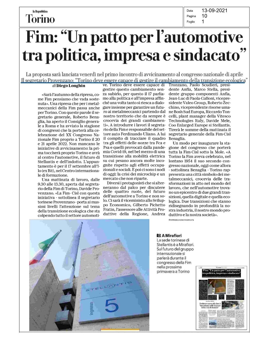 Articolo Repubblica Torino 130921