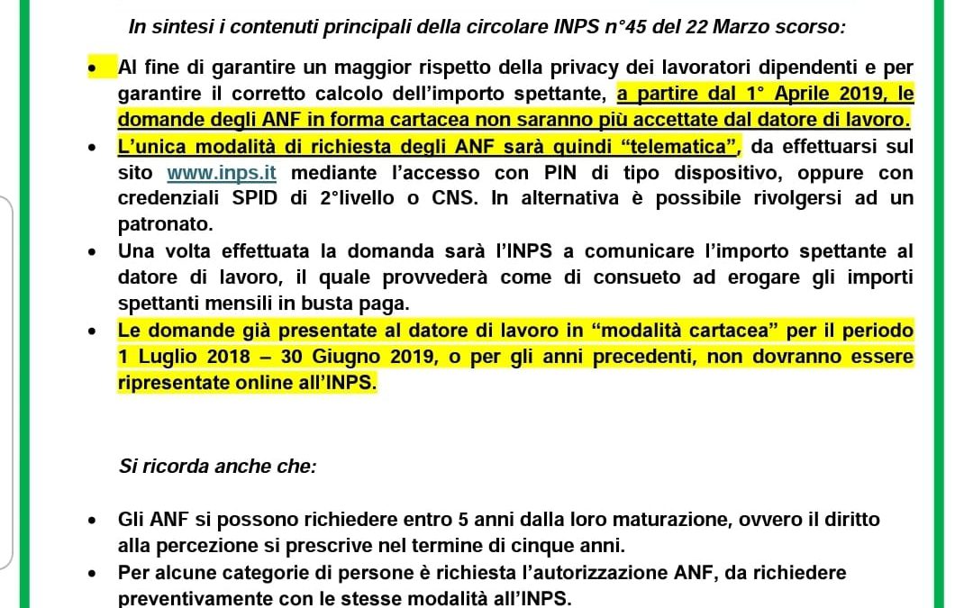 INFORMATIVA SUGLI ASSEGNI FAMILIARI