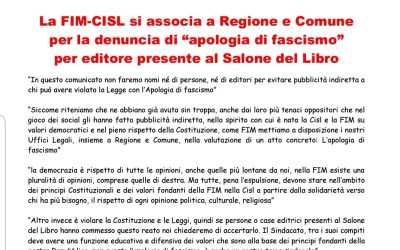 LA FIM-CISL SI ASSOCIA A REGIONE E COMUNE PER LA DENUNCIA “APOLOGIA DI FASCISMO”
